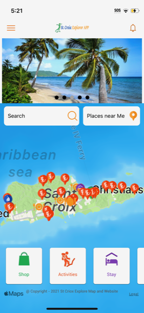 Screenshot of the St. Croix Explorer mobile app showing the island map and listings