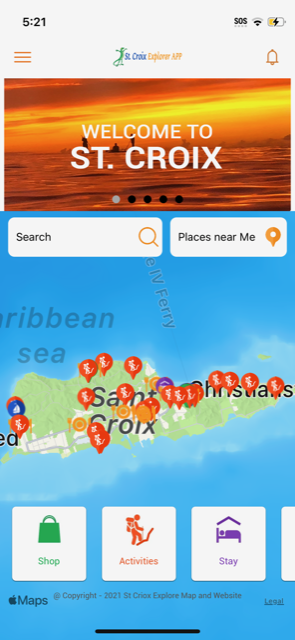 Screenshot of the St. Croix Explorer mobile app showing the island map and listings